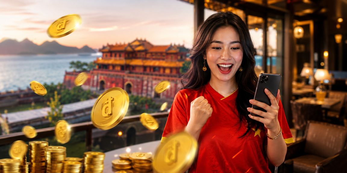 Người dùng tại bãi biển Huế thư giãn và kiểm tra bonus cashback trên điện thoại
